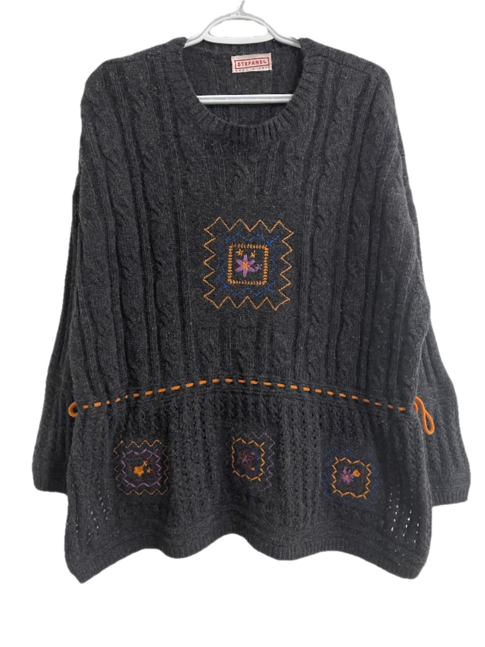 Stefanel Dark Charcoal Cable-Knit Sweater with Orange & Purple Embroidery